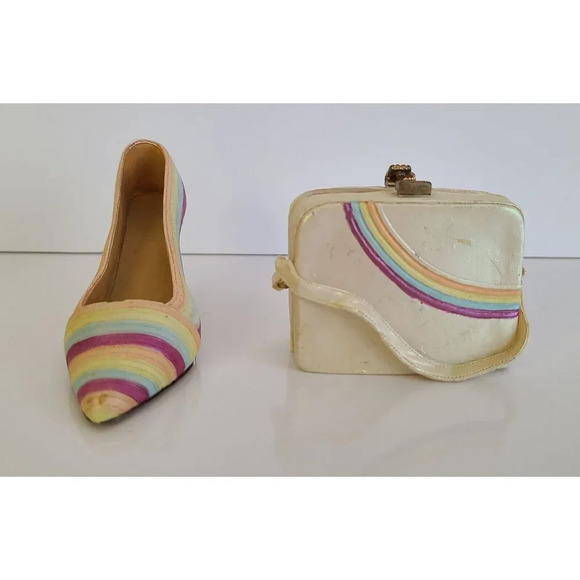 Vintage Miniature Nostalgia Decorative Handbag & Shoe Beige Rainbow, Knick Knack - Picture 2 of 6